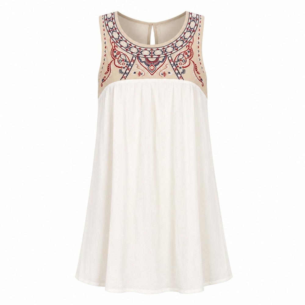 Flying Tomato Embroidered Boho small Mini Dress Sleeveless Open Back flowy cream